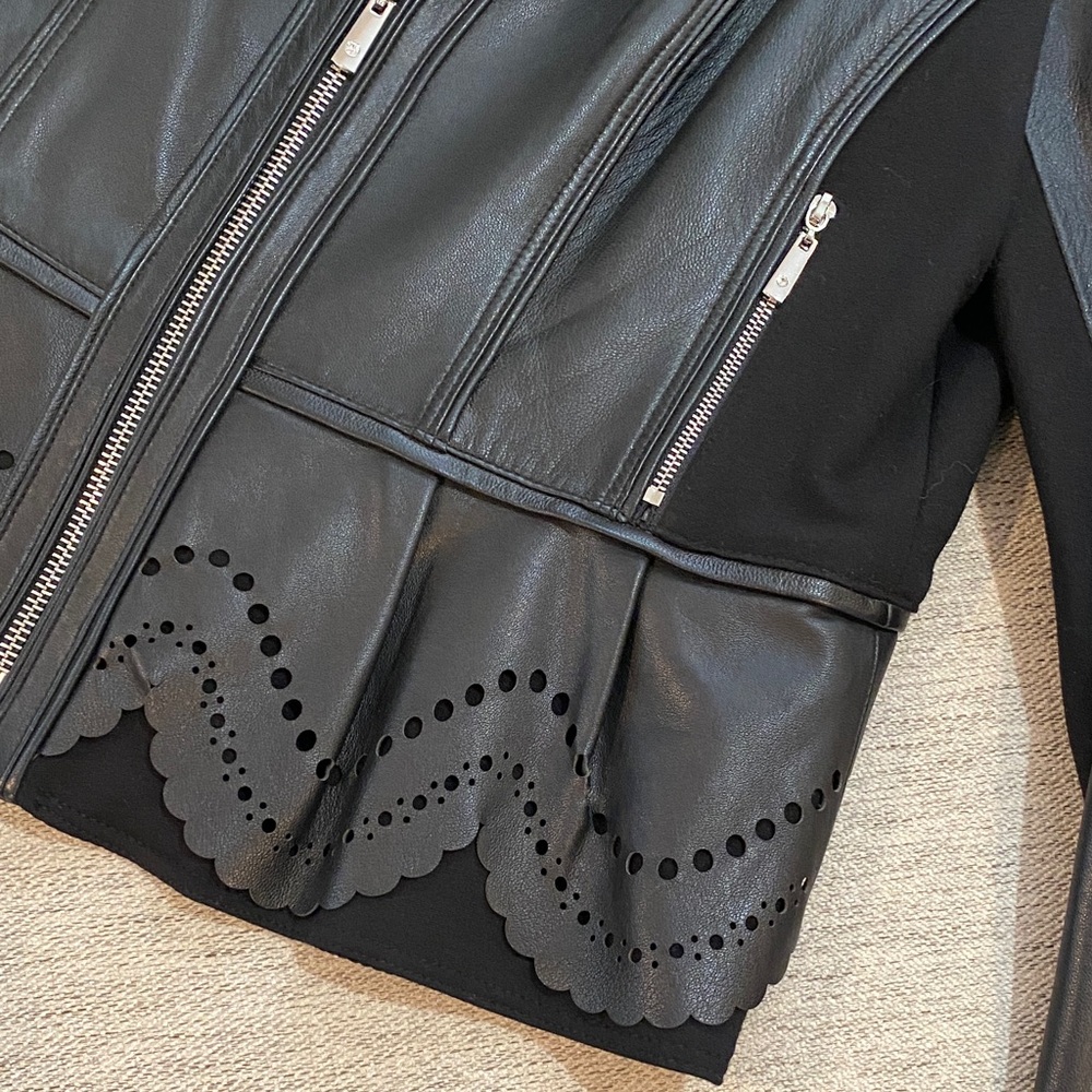 WHBM Black Leather Jacket with Scalloped Detail - Picture 7 of 9